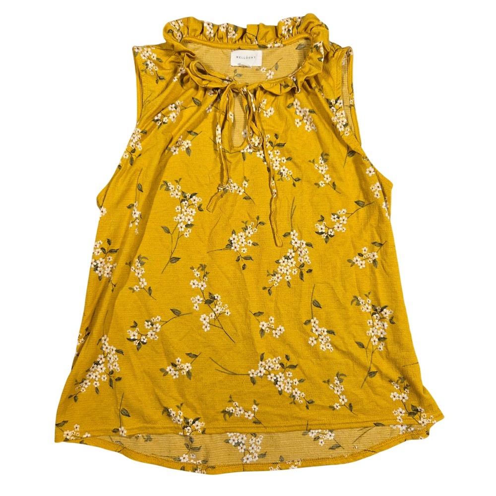 Melloday Mustard Yellow Floral Ruffle Neck Sleeveless Top Womens M Boho Casual